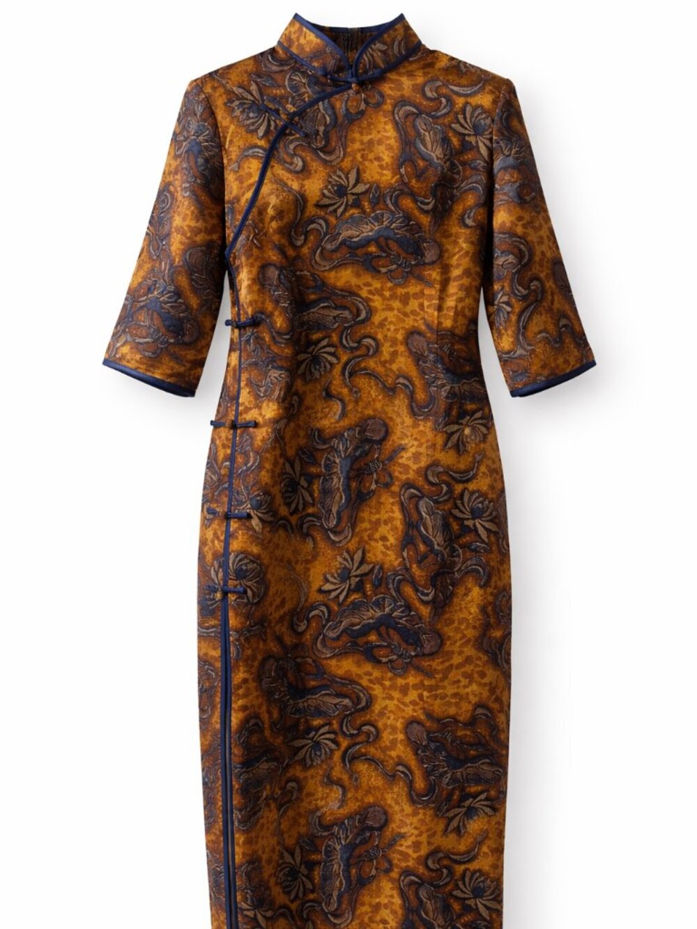 Women’s Silk Qipao Cheongsam Dress Brown and Yellow Blue Floral XL New